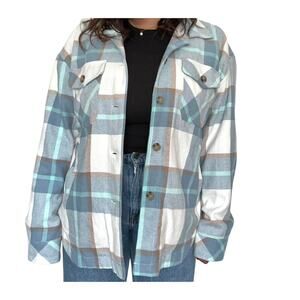Aéropostale Oversized Plaid Shacket Blue Tan Cream Flannel Jacket  L cabincore